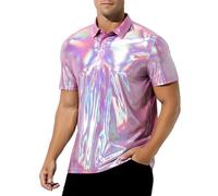 Casey Kevin Men's Short Sleeve Collared Shiny Metallic Shirts Nightclub Button Down Shirt Reflective Rave Outfit Holographic Disco Top,Pink,XX-Large
