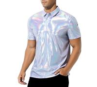 Casey Kevin Men's Short Sleeve Collared Shiny Metallic Shirts Nightclub Button Down Shirt Reflective Rave Outfit Holographic Disco Top,White,XX-Large