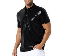 Casey Kevin Men's Short Sleeve Collared Shiny Metallic Shirts Nightclub Button Down Shirt Reflective Rave Outfit Holographic Disco Top,Black,X-Large