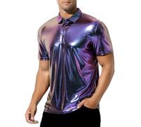 Casey Kevin Men's Short Sleeve Collared Shiny Metallic Shirts Nightclub Button Down Shirt Reflective Rave Outfit Holographic Disco Top,Purple,Small