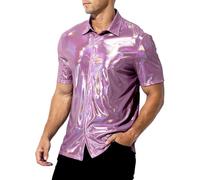 Casey Kevin Men's Short Sleeve Shirt Shiny Metallic Collared T-Shirt Sparkly Nightclub Sexy Button Down Disco Rock Party Shirts - Pink M