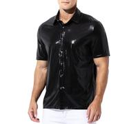 Casey Kevin Men's Short Sleeve Shirt Shiny Metallic Collared T-Shirt Sparkly Nightclub Sexy Button Down Disco Rock Party Shirts - Black XL