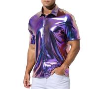Casey Kevin Men's Short Sleeve Shirt Shiny Metallic Collared T-Shirt Sparkly Nightclub Sexy Button Down Disco Rock Party Shirts - Purple S