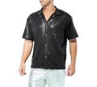 Casey Kevin Men's Short Sleeve Shirts Metallic Shiny Collared Nightclub Button Down Shirts CK3406 Black X-Large