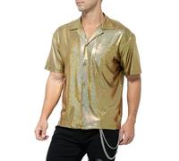 Casey Kevin Men's Short Sleeve Shirts Metallic Shiny Collared Nightclub Button Down Shirts CK3406 Gold XX-Large