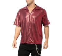 Casey Kevin Men's Short Sleeve Shirts Metallic Shiny Collared Nightclub Button Down Shirts CK3406 Red XX-Large