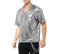 Casey Kevin Men's Short Sleeve Shirts Metallic Shiny Collared Nightclub Button Down Shirts CK3406 Silver X-Large