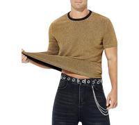 Casey Kevin Men's Sparkly T-Shirts Sequin Tops Shiny Disco Shirt Rave Glitter Party Oufit Light Short Sleeve Reflective Shirts,Gold,XL