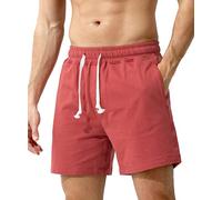 Casey Kevin Men's Sweat Cotton Shorts Summer 5 Inch Short with Zip Pockets Elasticated Waist Drawstring Casual Running Shorts Brick-Red