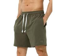 Casey Kevin Men's Sweat Cotton Shorts Summer 5 Inch Short with Zip Pockets Elasticated Waist Drawstring Casual Running Shorts Olive Green