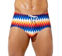 Casey Kevin Men's Swim Briefs Printed Sexy Underwear Quick Dry Swimsuit Drawstring Bathing Suit Beach Bikini Bottom Swimwear,Colorful Argyle,S