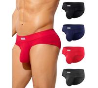 Casey Kevin Men's Underwear Bamboo Rayon Bikini Briefs Soft Comfort Lightweight 3D Contour Pouch Tag-free Underpants 4 Pack,Black/Dark Blue/Red/Dark Grey,L