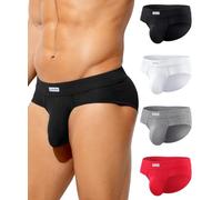 Casey Kevin Men's Underwear Bamboo Rayon Bikini Briefs Soft Comfort Lightweight 3D Contour Pouch Tag-free Underpants 4 Pack,Black/White/Light Grey/Red,XL