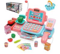 Cash Register Toy Electronic Pretend Play Supermarket Shop Toys for Kids Pretend Business Games Shopping Till Set with Scanner,Money, Sound, Play Food, Weigh, Credit Card for 3+ Years Boys Girls Pink