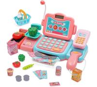 Cash Register Toy for Kids Electronic Pretend Play Supermarket Shop Toys Shopping Till Set with Scanner,Money, Sound, Play Food, Weigh, Credit Card Gift for 3 4 5 6 7+ Years Toddler Boys Girls Pink