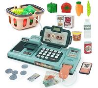 Cash Register Toy for Kids Pretend Play Supermarket Toy Children Toys Till with Scanner, Sound, Food, Shopping Basket, Weigh, Credit Card Gift for 3 4 5 6+ Years Toddler Boys Girls Green