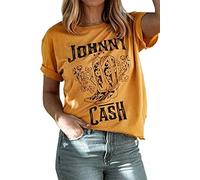 Cash T-Shirt Women Long Boots Graphic Short Sleeve Tees Loose Top Country Music Party Shirt Blouse Tees, Yellow, XL