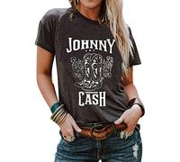 Cash T-Shirt Women Long Boots Graphic Short Sleeve Tees Loose Top Country Music Party Shirt Blouse Tees - grey - Small