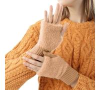 Cashmere Fingerless Gloves for Women - Winter Thumb Hole Wrist Warmers (Khaki)