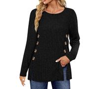 Cashmere Jumpers Ladies Womens Long Sleeve Tops Lightweight Button Front Slit Tunic Long Line Jumpers for Women UK Clearance Halloween Plus Size Christmas Pullover Sweater