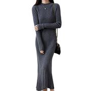 Cashmere Sweater Womens Dresses 100% Merino Wool Autumn Winter Knitted Long Dress Female Casual Warm Skirts,Grey-M