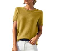 Cashmere Sweaters for Women Elegant Soft Ladies Short Sleeve Tops Loose Solid Color Comfortable Round Neck Knitwear T Shirts Spring Summer Basic Casual Warm Blouses Yellow