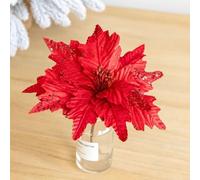 CashMuch 25cm Christmas Poinsettia Glitter Artificial Flowers Xmas Tree Party Decoration Hanging Ornament Cloth Plastic for Parties New Year Ornaments (Red)