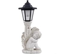 CashMuch Resin Solar Angel Statue with Roman Column, Grey Outdoor Garden Light Featuring Kneeling Pose for Patio Lawn and Memorial(Right knee angel)