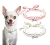 Casidoxi 2 Pcs Dog Cat Pearl Collar Necklace with Rhinestone Bone, Fancy Cat Wedding Collar Jewelry for Cat Puppy Dogs Pets
