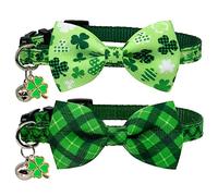 Casidoxi 2 Pcs St. Patricks Day Cat Collar Breakaway with Bow Tie & Bells, Shamrock Irish St Patricks Cat Bowtie Collars for Kitten Cats(Green Plaid)