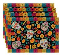 Casiler 4pcs Halloween Placemats Set Mexican Day of the Dead Meal Mat, Skull Print Western Style Table Mat Home Decoration