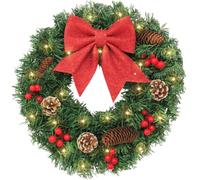 Casiler Christmas Wreath,Led Lights Decorated Wreath,Rattan Vine Pine Cone Hanging Wreath New Year Xmas Garlands for Door Windows Wall Decor