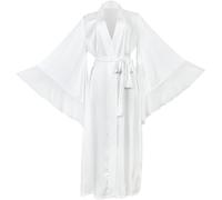 Casiler Weißer Satin-langarm-pyjama, Gekräuselter Chiffon-langarm-nachthemd, Weiche Seidenimitat-nachtwäsche, V-ausschnitt-bademantel Für Damen