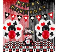 Casino Birthday Party Decorations - Poker Balloon Tablecloth Happy Birthday Banner Bunting Flags Cake Topper, Red Black White Foil Fringe Curtains, Casino Games Night Las Vegas Party Supplies