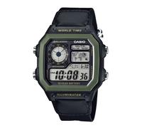 Casio AE-1200WHB-1BV Mens Digital Watch, World Time, Green, Black Fabric Strap