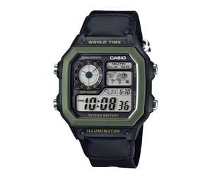 Casio AE-1200WHB-1BV Mens Digital Watch, World Time, Green, Black Fabric Strap