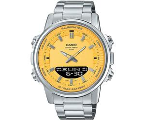 Casio AMW880D-9AV Men's Stainless Steel Yellow Dial Analog Digital Dual Time Zone Watch, yellow