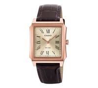 Casio Analog MTP-B190RGL-9B Watch, Rose Gold Square Case, Brown Leather Strap, Roman Numerals, 50M Water Resistant