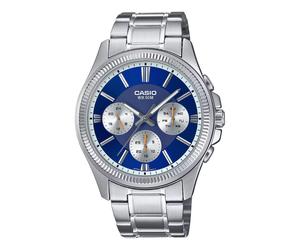 Casio Chrono 42mm Silver Men's Navy Analogue Watch MTP-1375D-2A1VDF