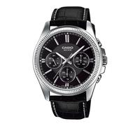 Casio Chrono 49mm Silver Men's Black Leather Analogue Watch MTP-1375L-1AVDF