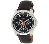 Casio Enticer MTP-SW310L-1AV Analog Watch, Black Leather Band with Red Stitching, Day and Date Display, WR 50M
