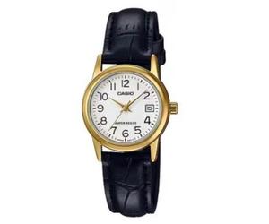 Casio Ladies Dated Analogue Designer White Dial Black Leather Strap Watch