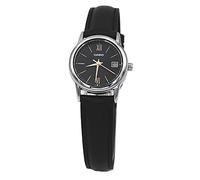 Casio LTP-V002L-1B3 Women's Black Leather Band Black Date Dial 3-Hand Analog Watch, black, Classic