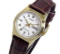 Casio LTP-V006GL-7B Women's White Dial Leather Band Watch | Day & Date Display, Gold-Tone Case, Brown Leather Strap, Water Resistant, Roman Numerals
