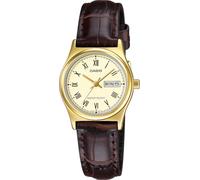 Casio LTP-V006GL-9B Women's Watch Gold Dial Brown Leather | Day-Date Display, Water Resistant, Roman Numerals, Japan Movement, Analog Quartz