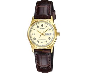 Casio LTP-V006GL-9B Women's Watch Gold Dial Brown Leather | Day-Date Display, Water Resistant, Roman Numerals, Japan Movement, Analog Quartz