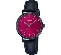 Casio LTP-VT02BL-4A Women's Minimalistic Black IP Red Dial Leather Band 3-Hand Analog Watch
