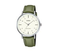 Casio LTP-VT03L-3B Women's Minimalistic Green Leather Band Beige Concave-Shaped Dial 3-Hand Analog Watch, beige