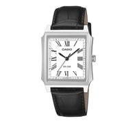 Casio MTP-B190L-7BVDF Unisex Rectangular Watch 31mm Case, Black Leather Strap Watch, Silver Dial, Quartz Movement, Roman Numeral Dress Watch, 50 Metres Water Resistant