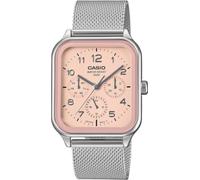 Casio MTP-M306M-4A Multifunction Watch, Pink Dial, Silver Stainless Steel Mesh Band, Day/Date Display, 50M Water Resistant